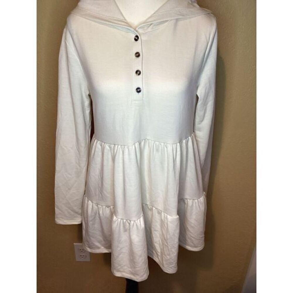 Culture Code cream tiered, hooded long-Sleeve Button-Front mini dress SM‎